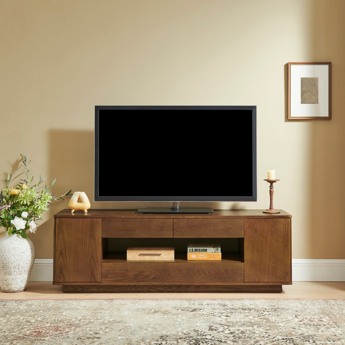 59" Mid Century Modern TV Stand for TVs up to 65", Walnut Entertainment Center with Open Storage & Side Cabinets & Drawers, Vintage TV stand with Curved Design, Perfect for Living Room, Office