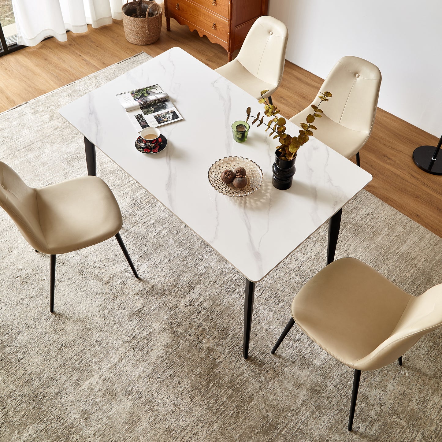 Dining Table Table 55" Rectangular White Kitchen Table with Porcelain Table Top and Metal Legs,Dining Room Table for 4,Mid Century Dinner Table for Living Room and Office,Table Only
