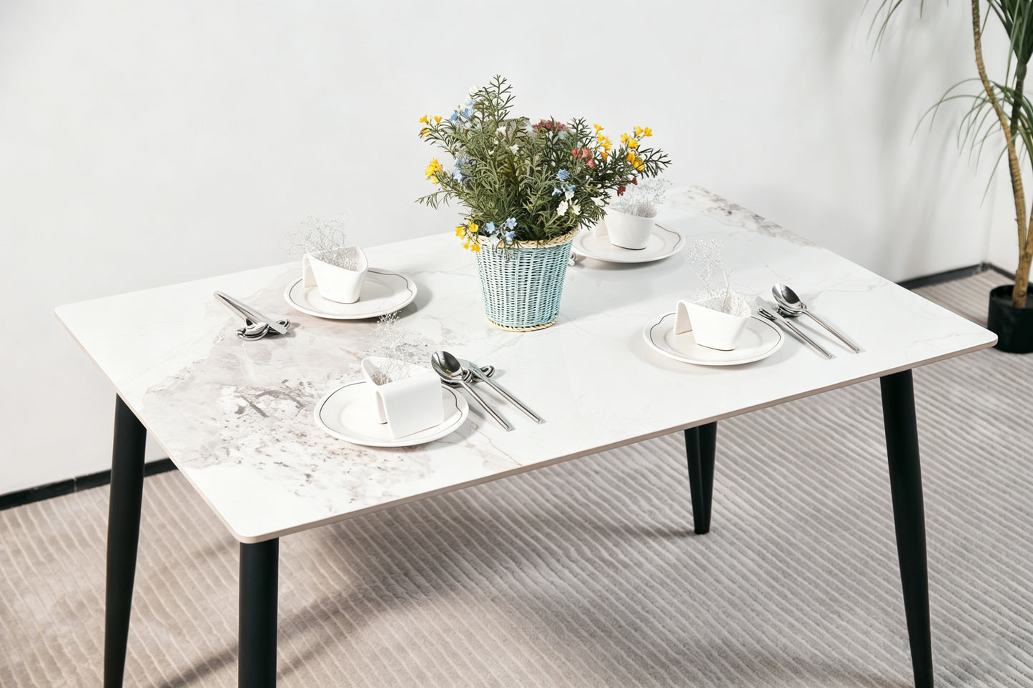 Modern Minimalist Dining Table(1.2m) with White Sintered Stone Top and Sleek Black Tapered Metal Legs for a Contemporary Kitchen or Dining Room