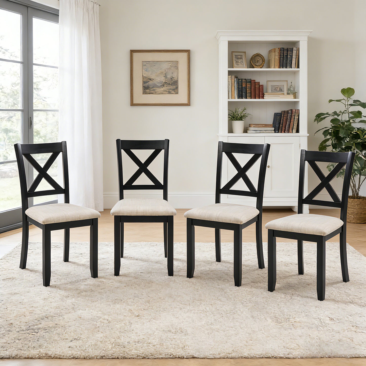 Dining Chairs Only, Wooden Dining Chairs Set of 4, Kitchen Chair with Padded Seat, Upholstered Side Chair for Dining Room, Living Room, Kitchen, Black & Beige two tone