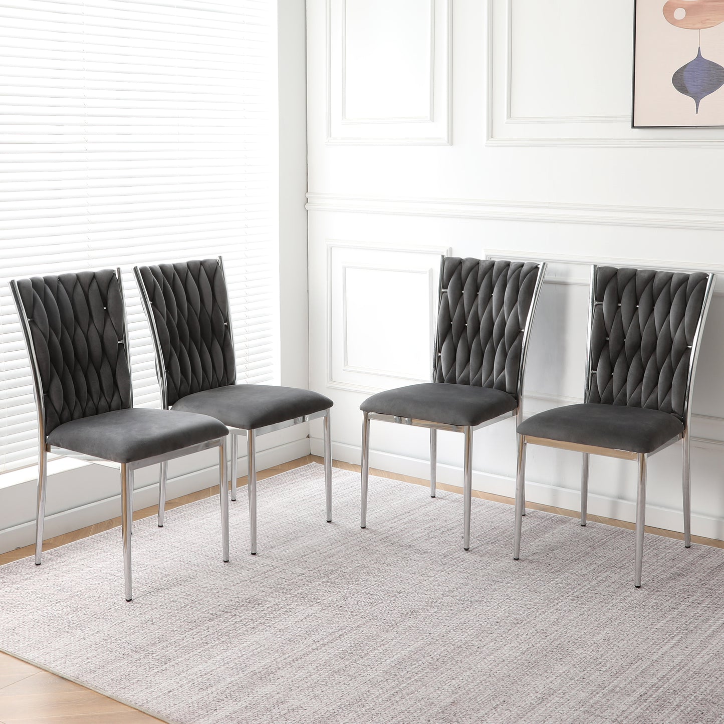 Modern simple Dark gray velvet dining chair, family bedroom stool back student table chair, Electroplated metal chair legs, suitable for dining room kitchen bedroom (set of 4)