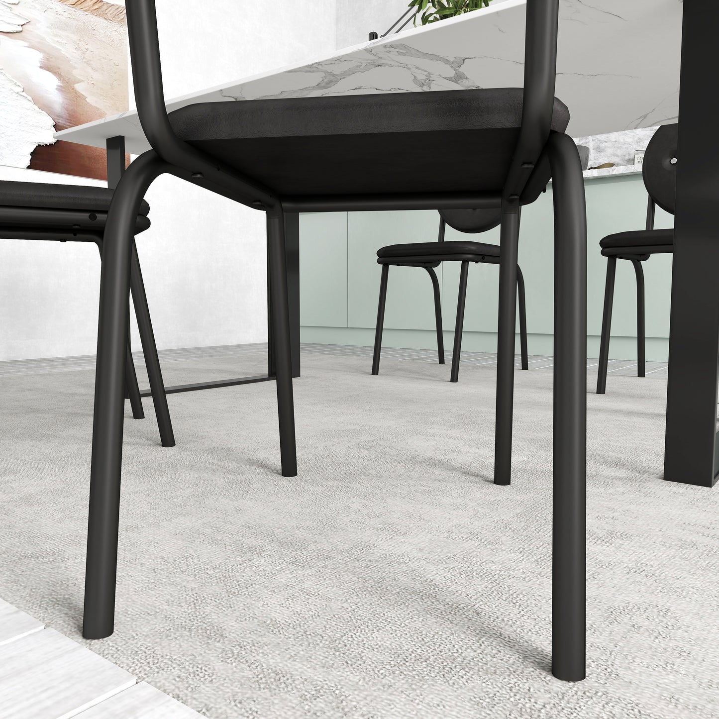Black Metal Dining Chairs Set of 4 with Faux Leather Seats for Kitchen