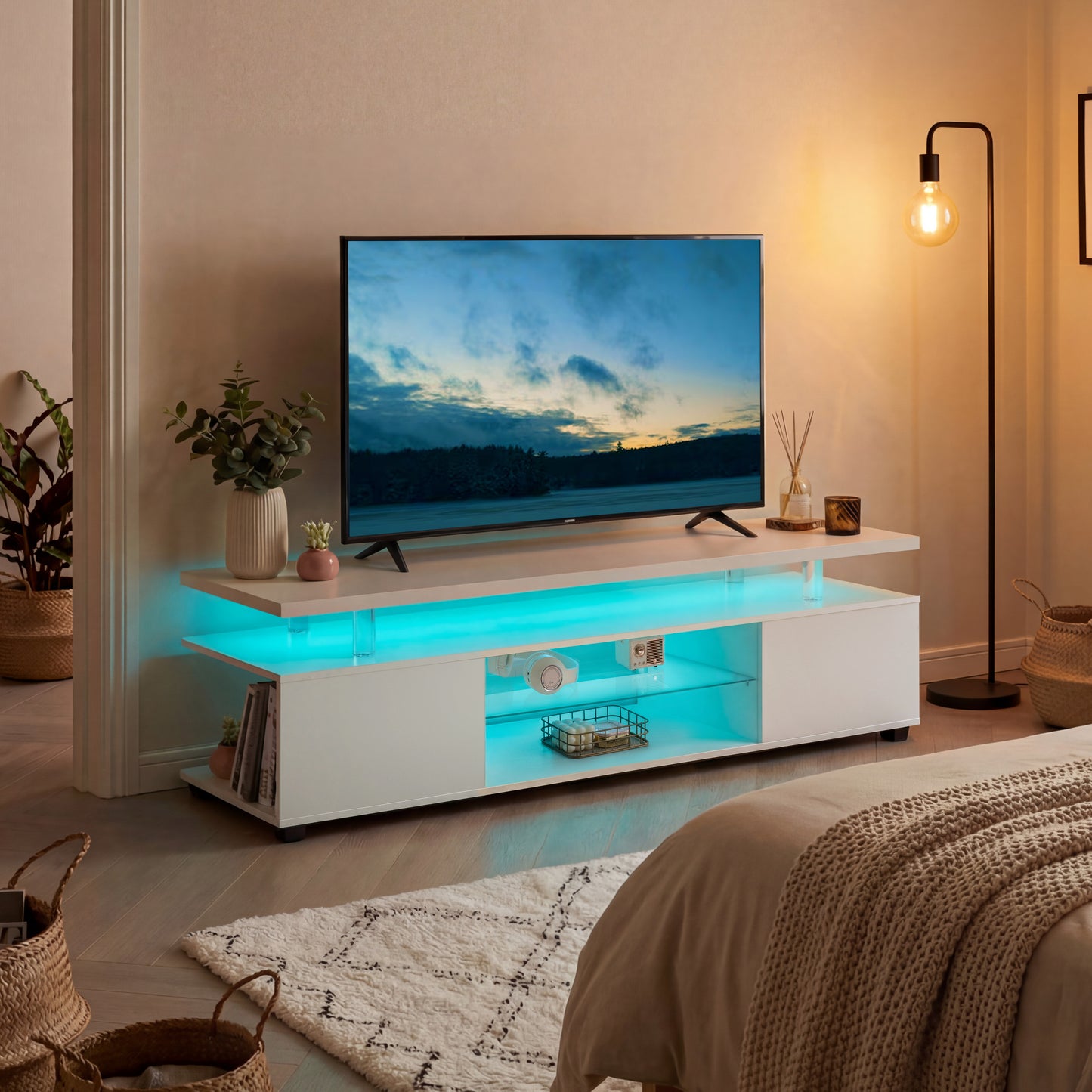 White Engineered Wood TV Console with Storage for Living Room