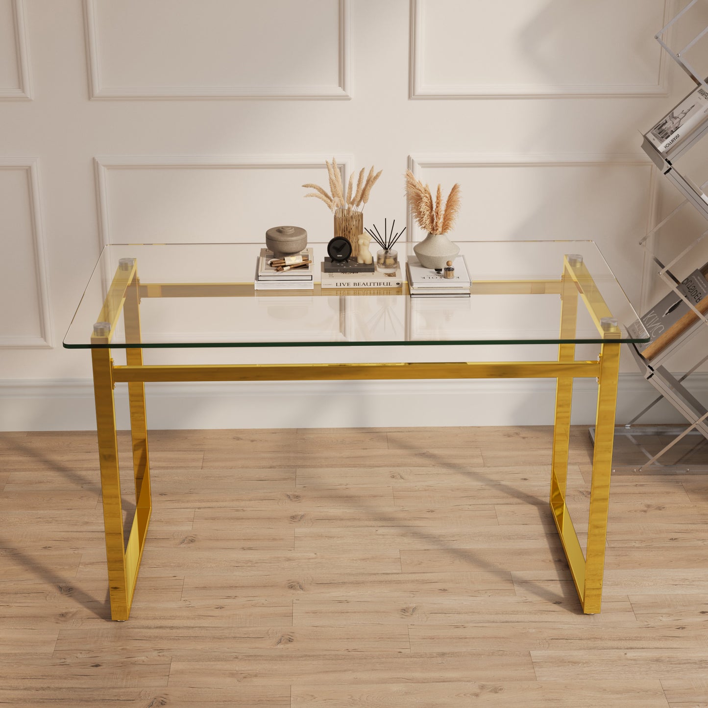 51" Modern Minimalist Rectangular Glass Dining Table for 4-6 with 0.31" Tempered Glass Tabletop and Golden Chrome Metal Legs, Writing Table Desk, for Kitchen Dining Living Room (0 damage)