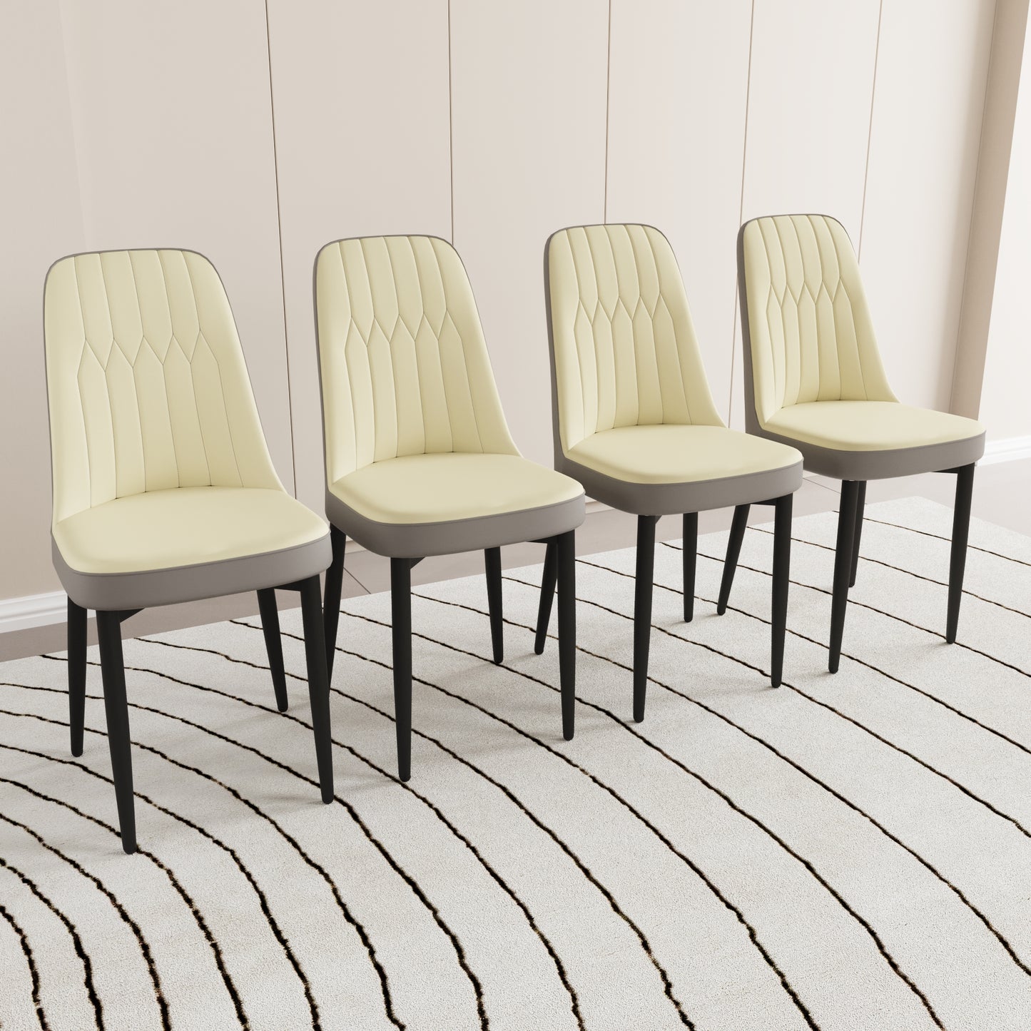 A set of 4 dining chair, modern style chair made of high-quality PU Leather fabric with thick soft cushions, black metal leg kitchen chair, dining room kitchen dining chair (Beige and Grey)