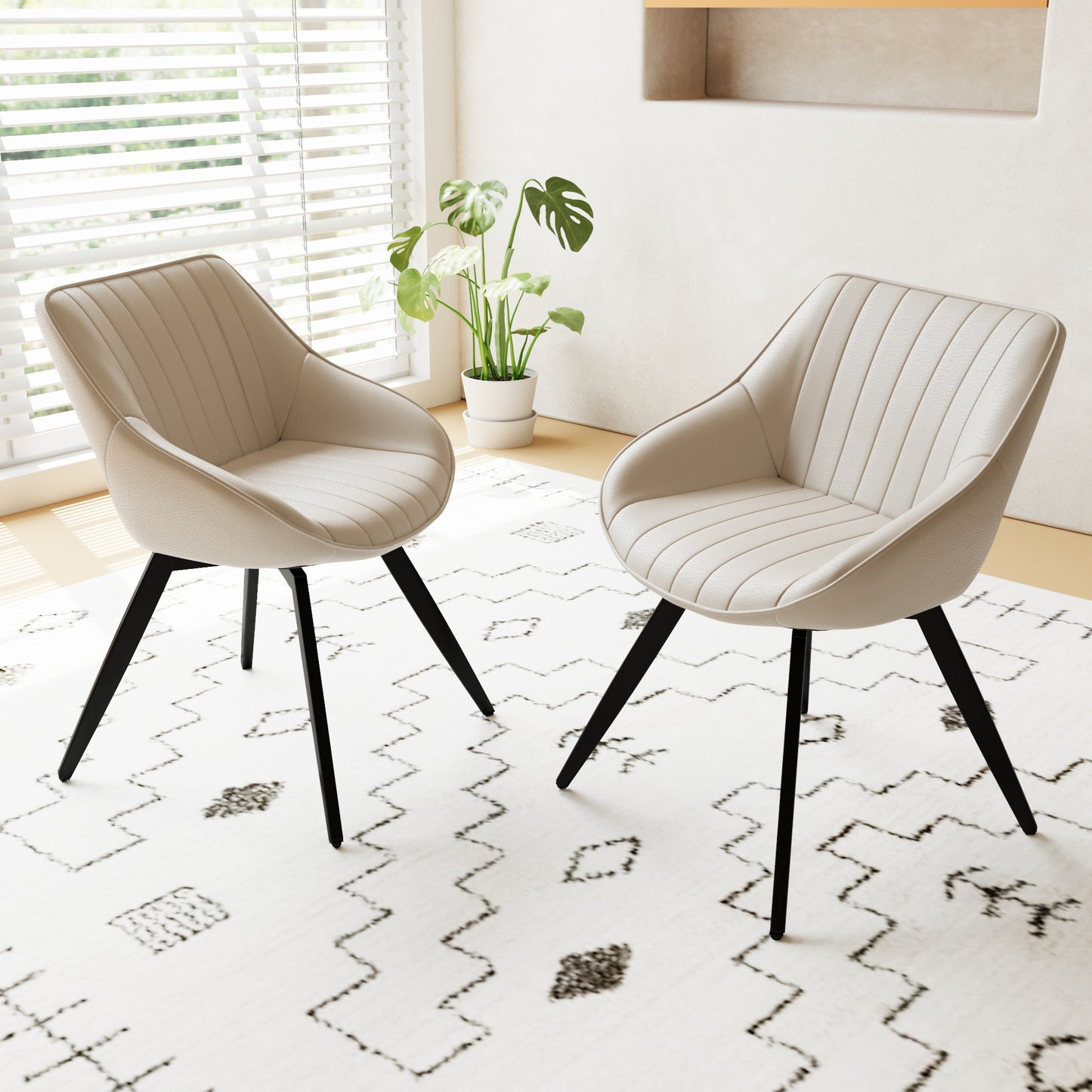 A set of 2 dining chairs, medieval modern kitchen dining chair, PU decorative chairs with black metal legs, suitable for home&kitchen (Beige)