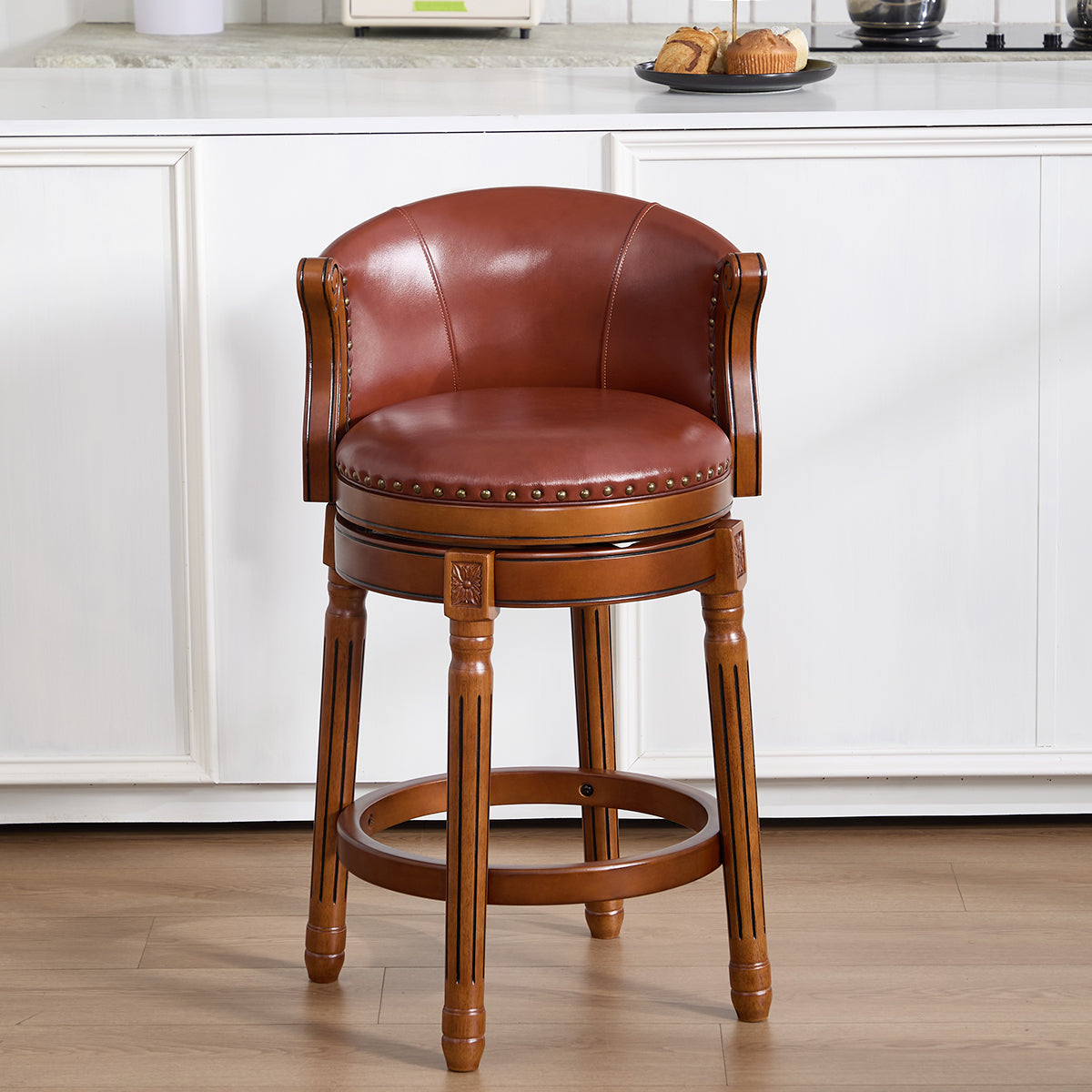 Cow top Leather Wooden Bar Stools, 360 Degree Swivel Bar Chair with Backs,Bar height Couner Height Barstools for Home Kitchen Dining Room and Bar Room(brown 1pc)
