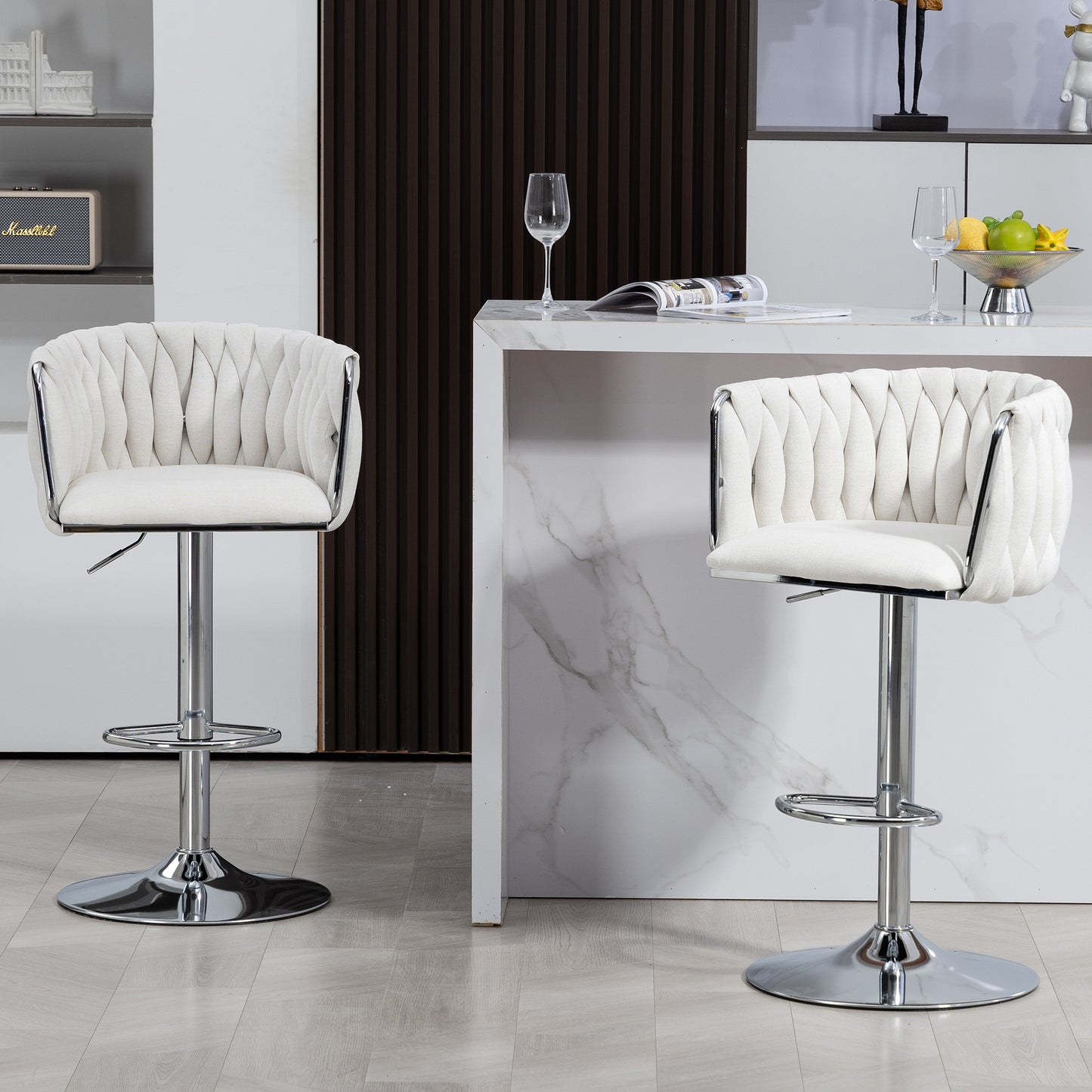 360° Fabric cover Swivel Bar Stools Set of 2, Adjustable Counter Height Bar Chairs with Woven Back & Footrest,Silver chromed Bar Stools for Kitchen Island, Cafe, Pub (Beige)
