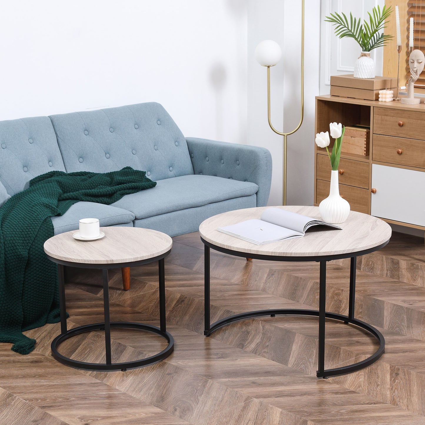 Nesting Grey Coffee Table Set - 2 Tables MDF Metal Frame for Dining Room