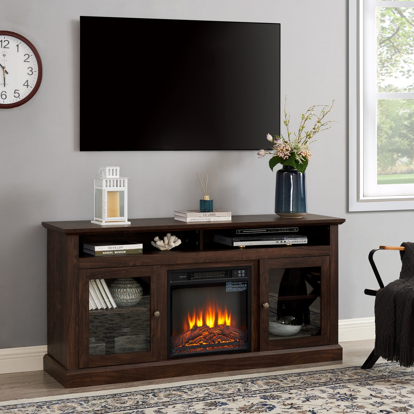 60" Brown TV Stand with Fireplace - Media Console for 65" TVs