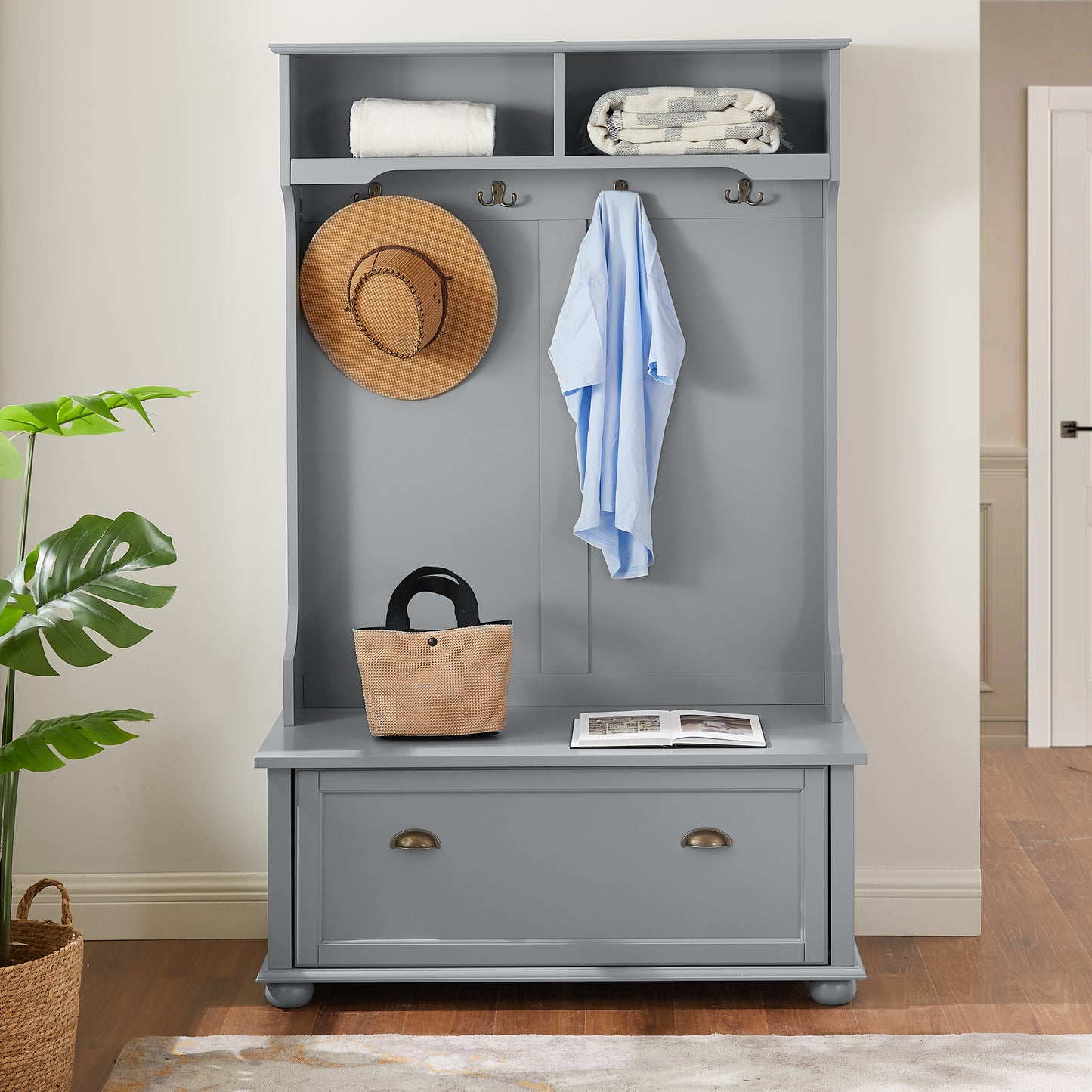 Modern Classic Hall Tree with Shoe Rack Bench and Coat Hooks for Hanging Storage, Entryway Bench with Open Shelves and Shoe Cabinets 40.16"W*18.58"D*64.17"H GRAY