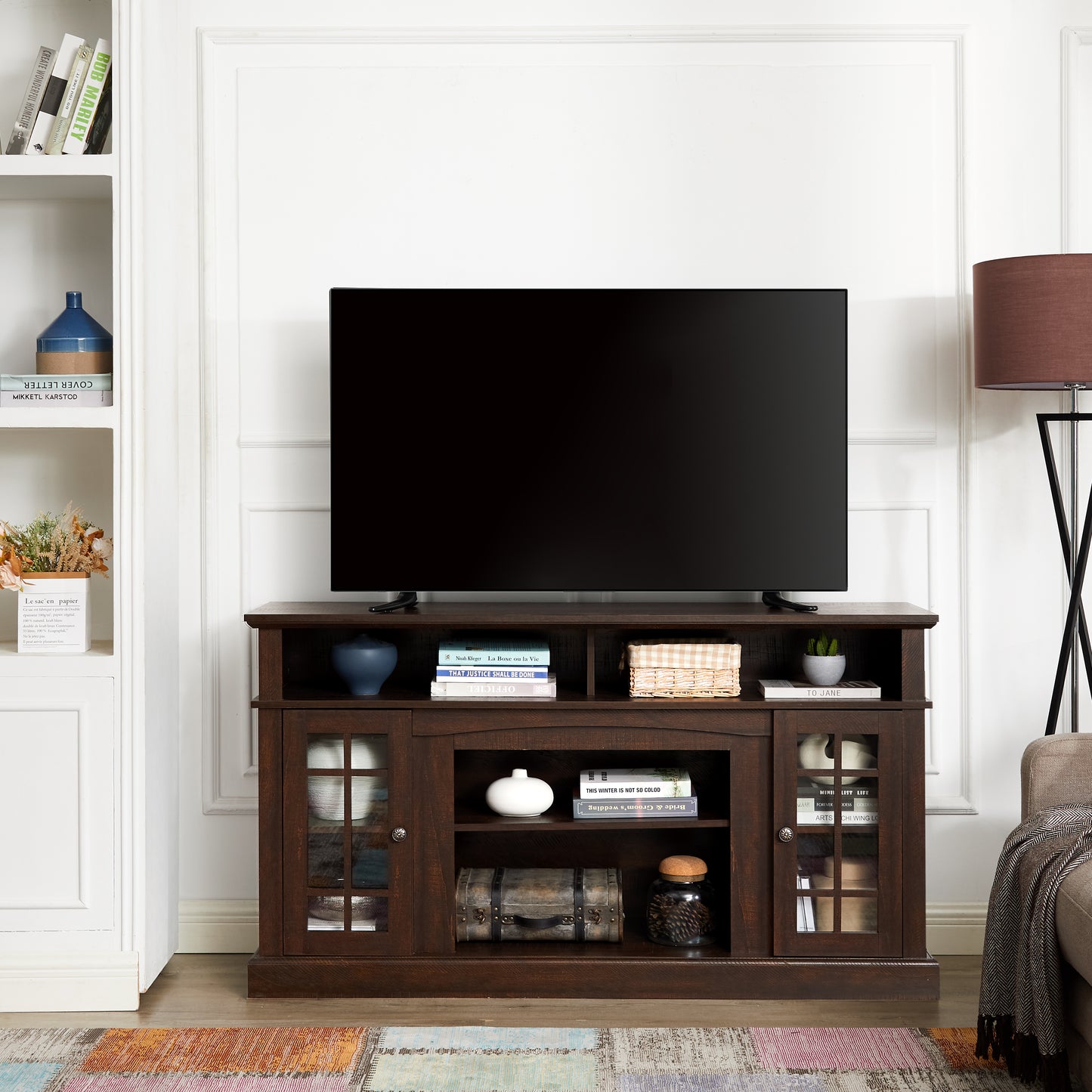 Classic TV Media Stand Modern Entertainment Console for TV Up to 65" with Open and Closed Storage Space, Espresso, 58.25"W*15.75"D*32"H