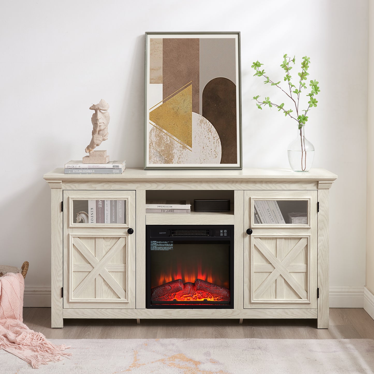 2 Doors Cabinet Farmhouse Cabinet, Farmhouse TV Stand Barn Design,Modern Farmhouse TV Media Stand, Large Barn Inspired Home Entertainment Console with 18" fireplace insert,WHITE,60.23"W*15.35"D*31.7H