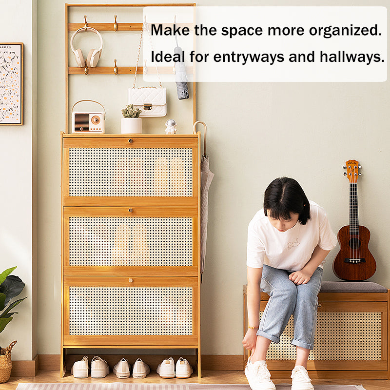 Bamboo Shoe Cabinet with Rattan Drawers - Entryway Storage for Living Room