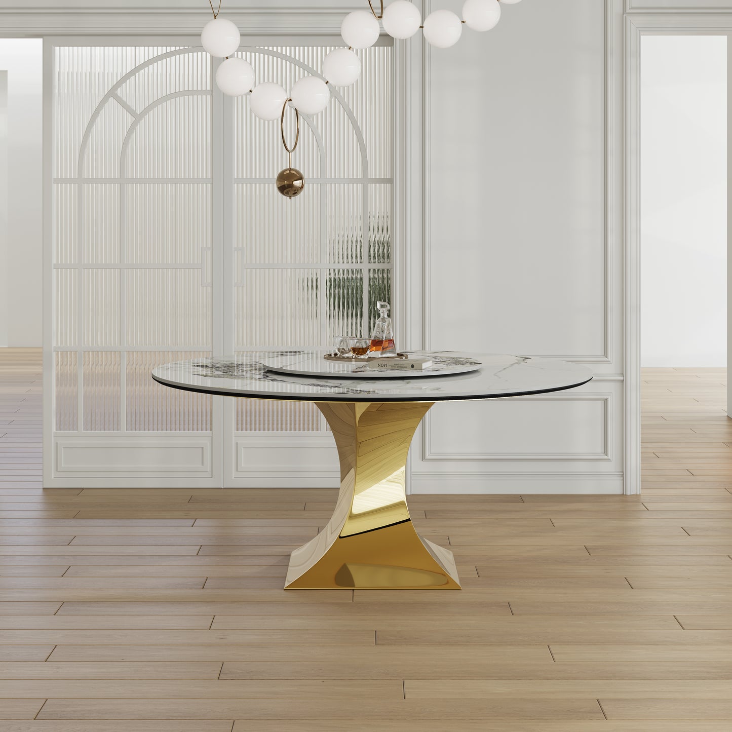 59" Round Sintered Stone Dining Table Set with Gold Stainless Steel Hourglass Base - Modern Luxury Marble-Look Kitchen Table for 4-6 People, Scratch & Heat Resistant Surface-Only table