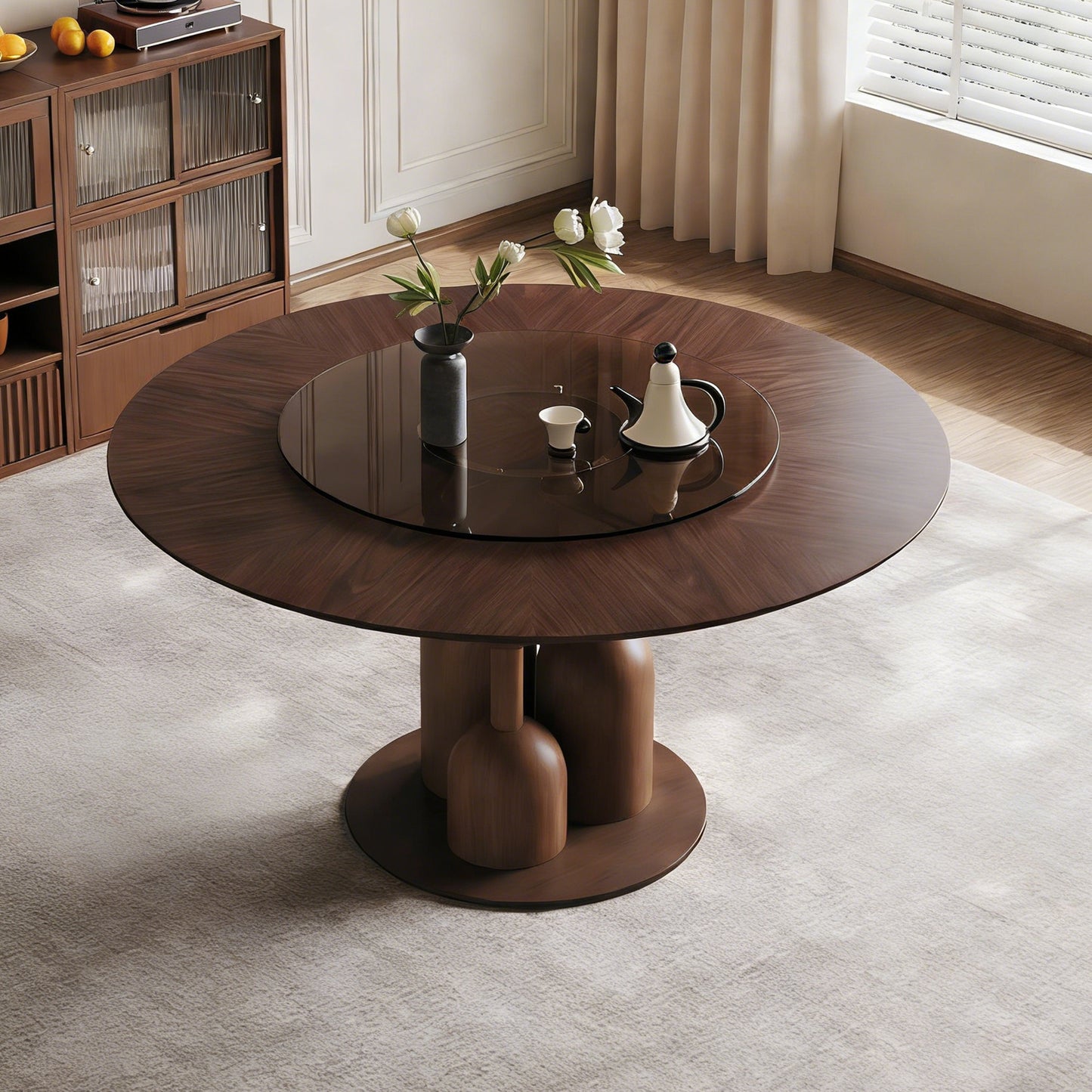 59-inch Natural Oak Wabi-Sabi Round Dining Table with 35-inch Tempered Glass Lazy Susan, Handcrafted Japanese Style Sculptural Table for Living Room & Restaurant