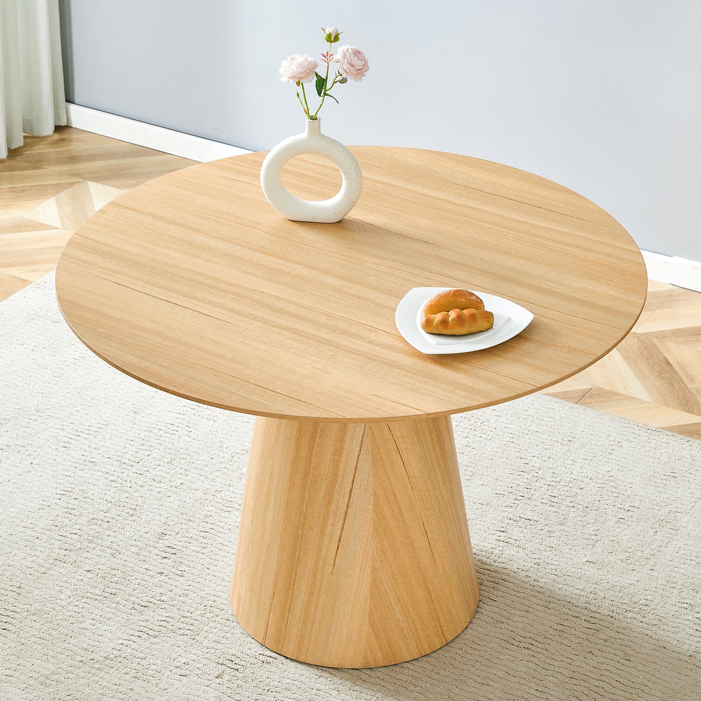 Modern minimalist MDF Wood Texture Stickers circular dining table. The computer desk. The game table. Suitable for dining room, living room, terrace and kitchen.47*47*30