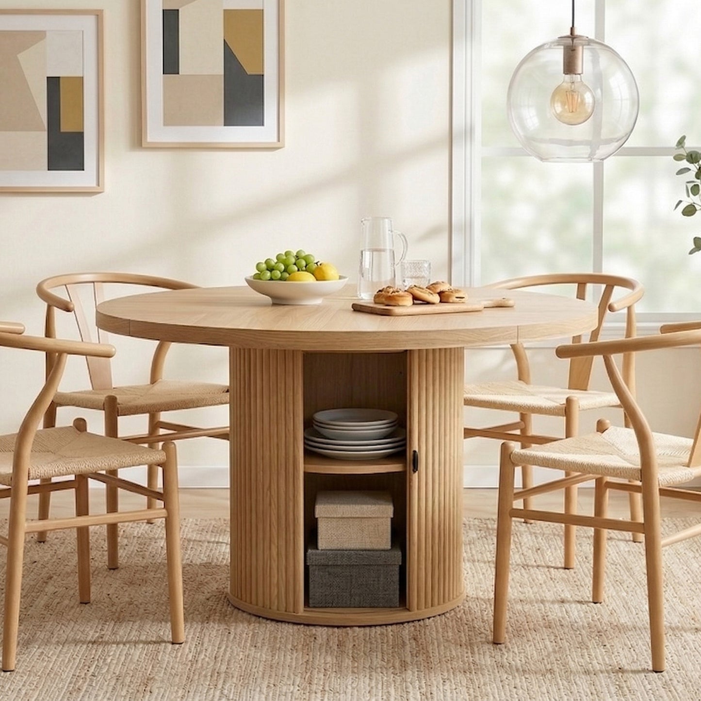 47.2-inch round wooden-style dining table with double-layer storage design and Roman column shape - featuring classic wood grain finish, it creates an eternal and elegant atmosphere for your living