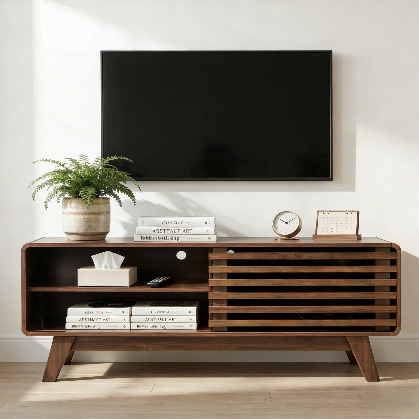 TV Stand with Storage, Entertainment Center with Slatted Sliding Door, Mid Century Modern TV Stand, Farmhouse Media Console for Living Room (Walnut, 46")