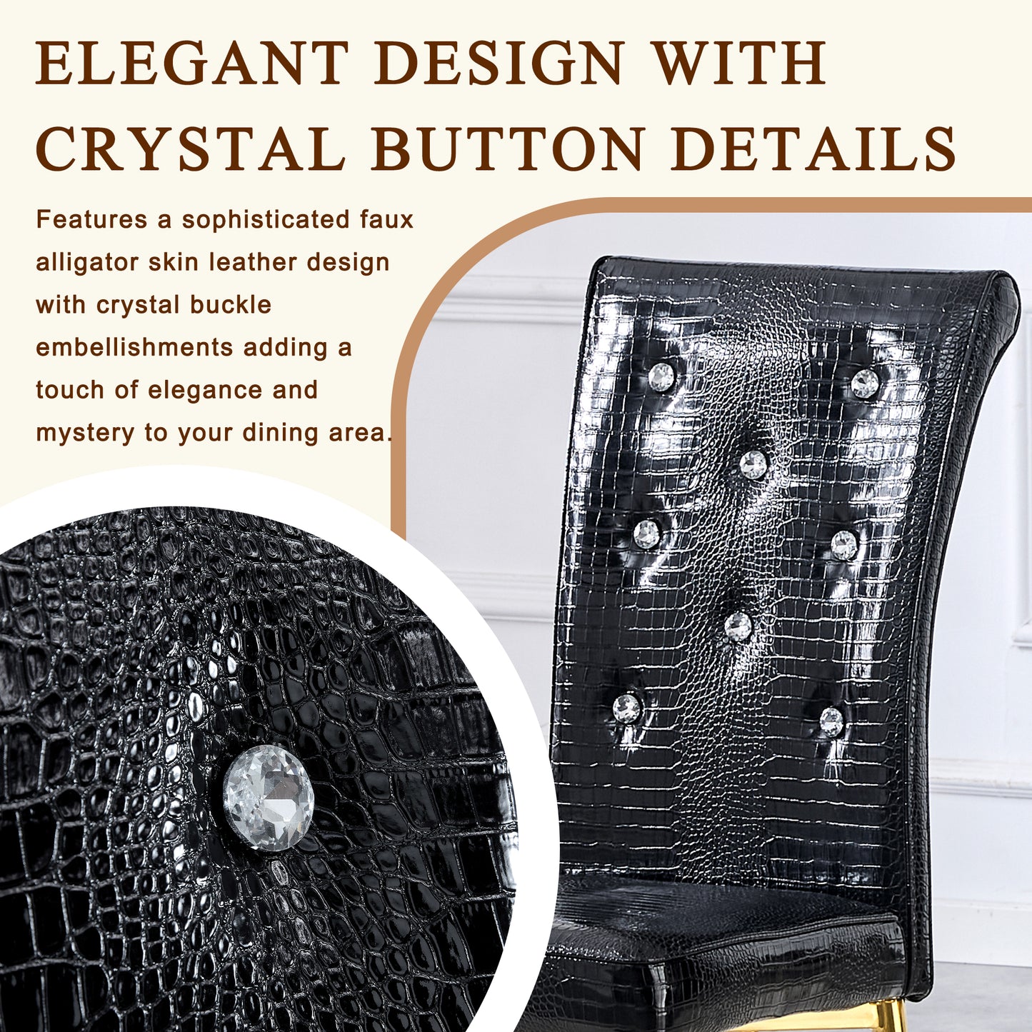 Black Gold PU Dining Chairs Set of 4 with Crystal Buckle Design