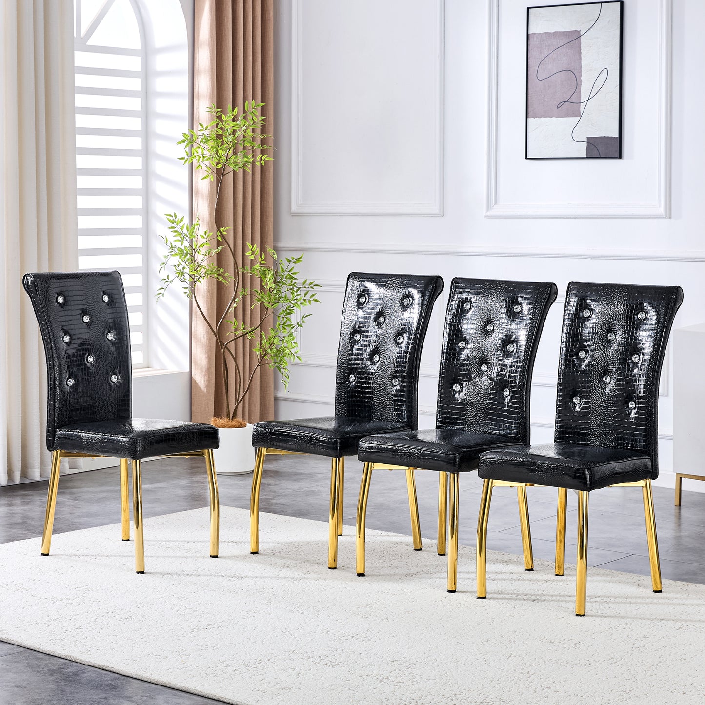 Set of 4,Retro alligator skin Upholstered dining chairs,with Crystal buckle design and Faux Leather design,a touch of elegance and mystery to the dining area.Gold plated metal feet