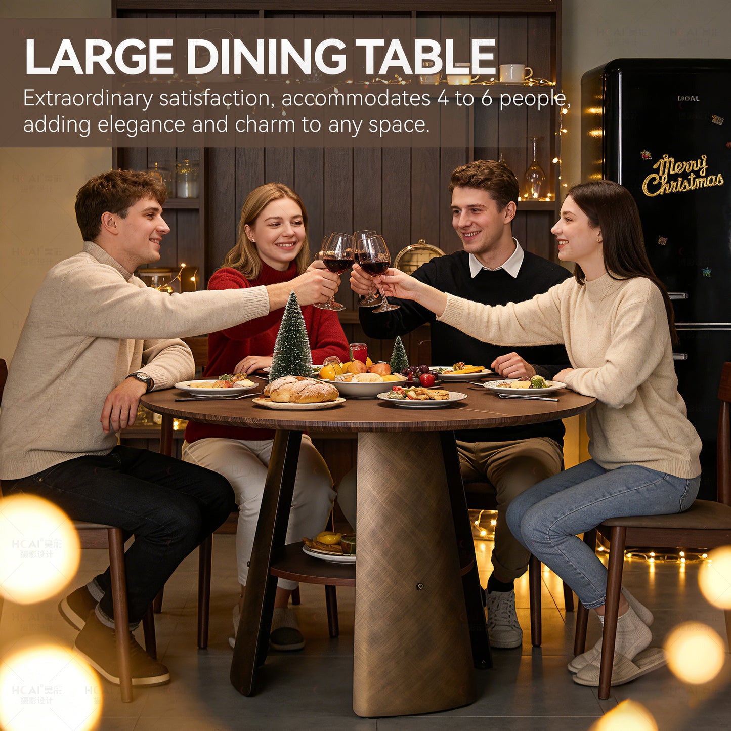 47.25 Inch Round Dining Table - Retro Style, Walnut Wood