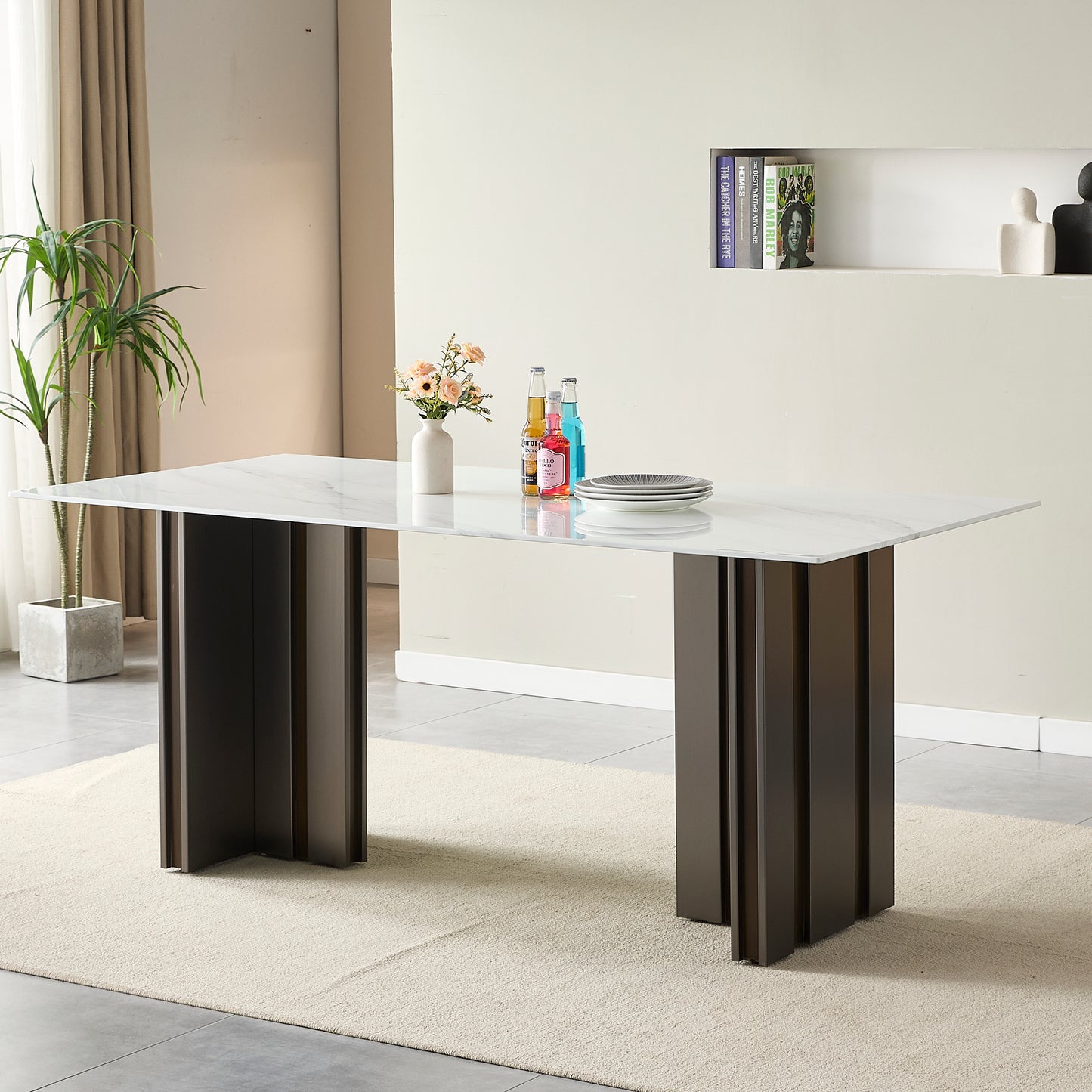 69.30 Inch Rectangular Dining Table, Modern Style, Tempered Glass With Marble Texture Tabletop, Matte Brushed Table Legs, Suitable For 4-6 People, White Marble, Matte Gray.