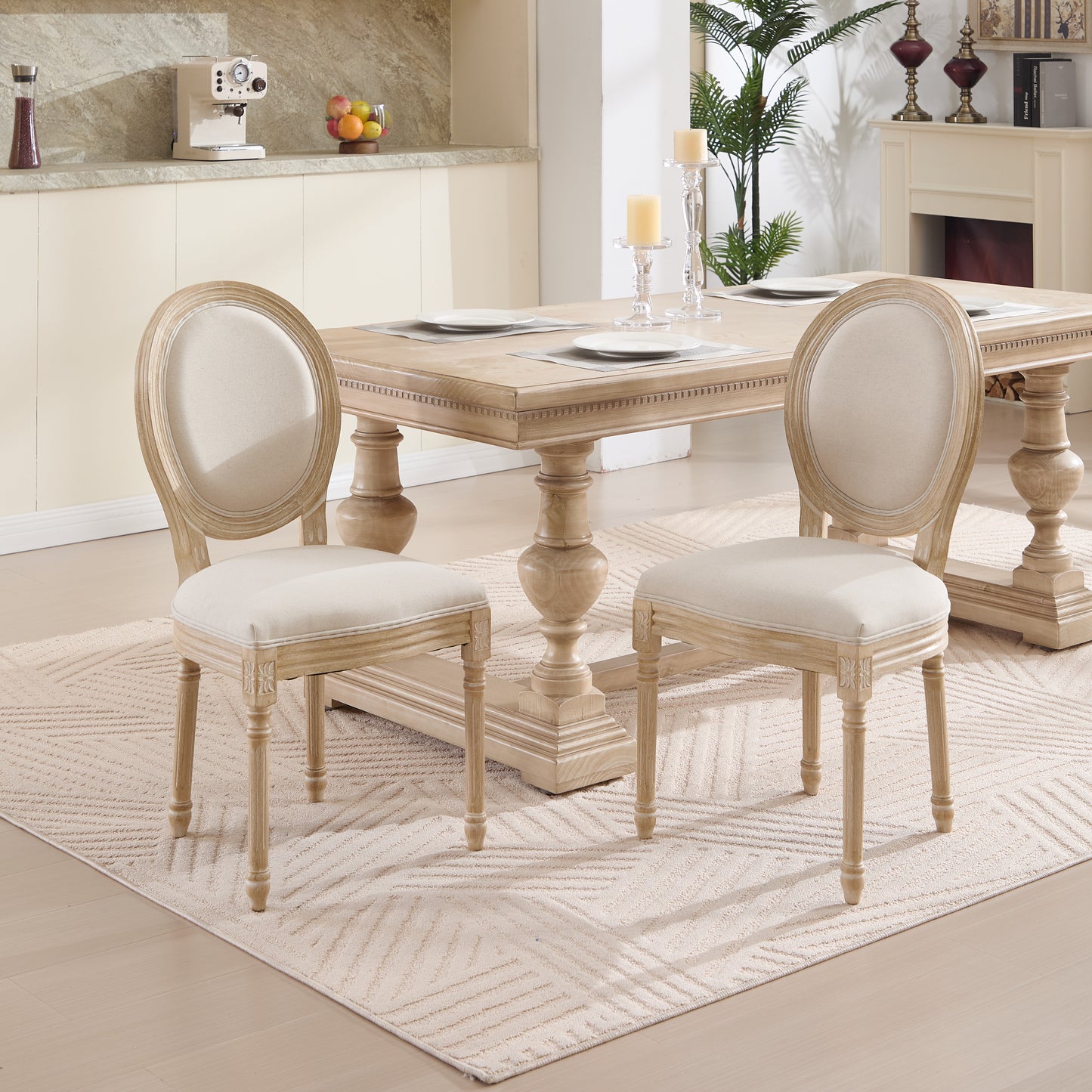 French Country Dining Chairs Set of 2, Upholstered Chairs with Round Back, Wire drawing and carving techniques ,Disassemblable , for Living Room, Kitchen , Restaurant Use, Beige