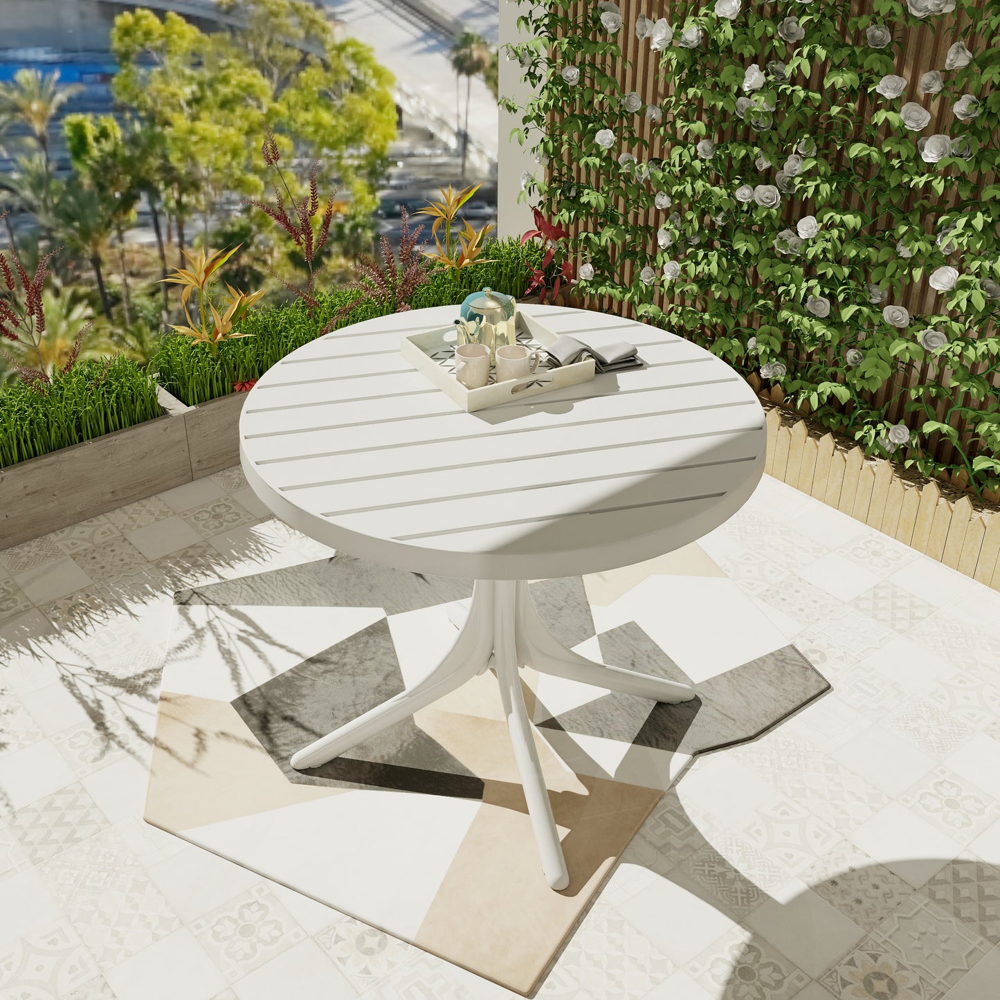 Summer - Modern White Round Plastic Table – 36 Inch Indoor/Outdoor Dining Table & Coffee Table, Lightweight Polypropylene All-Weather Patio Table for Garden, Courtyard, Kitchen, Camping (White)