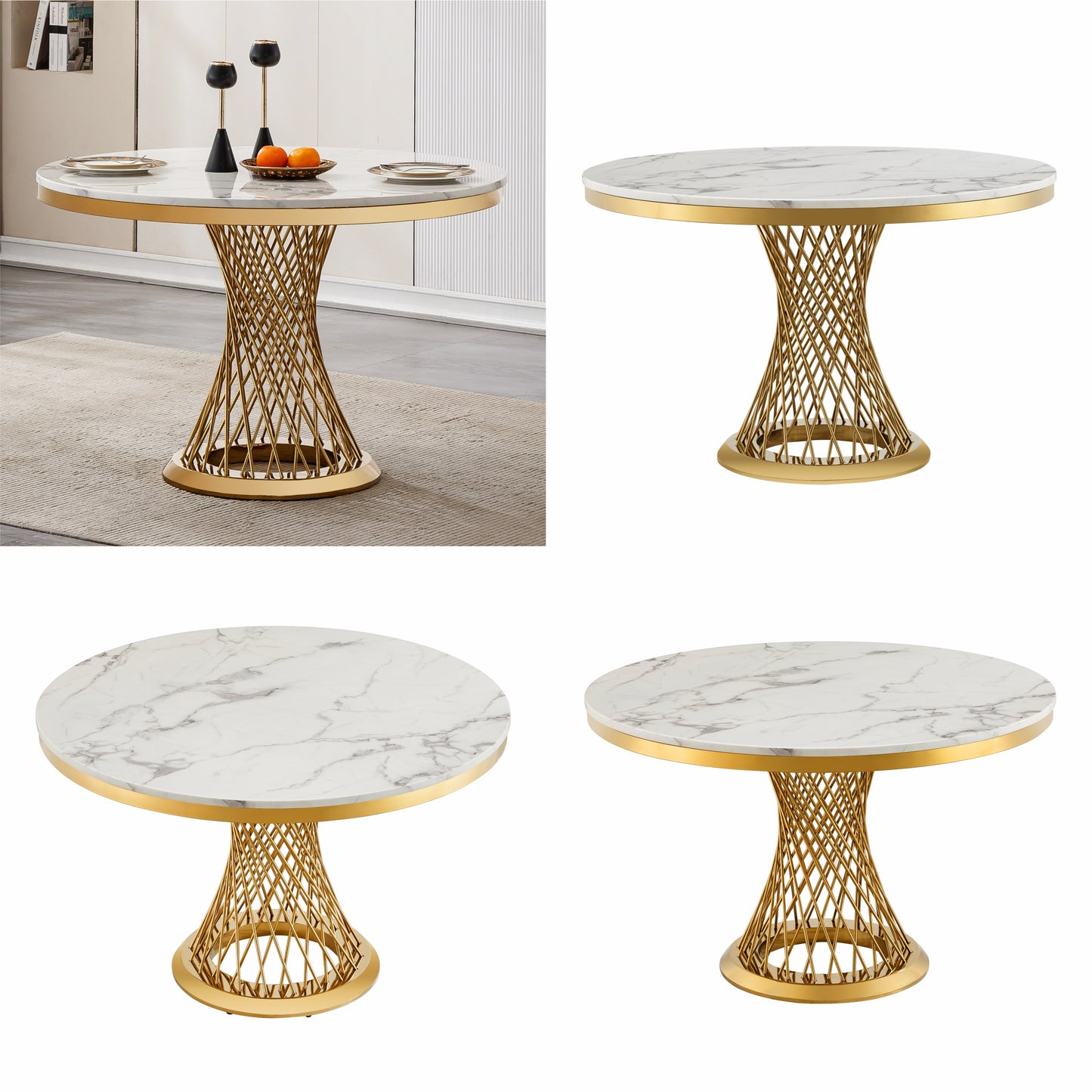 47" Round Marble Dining Table - Gold White Kitchen Table