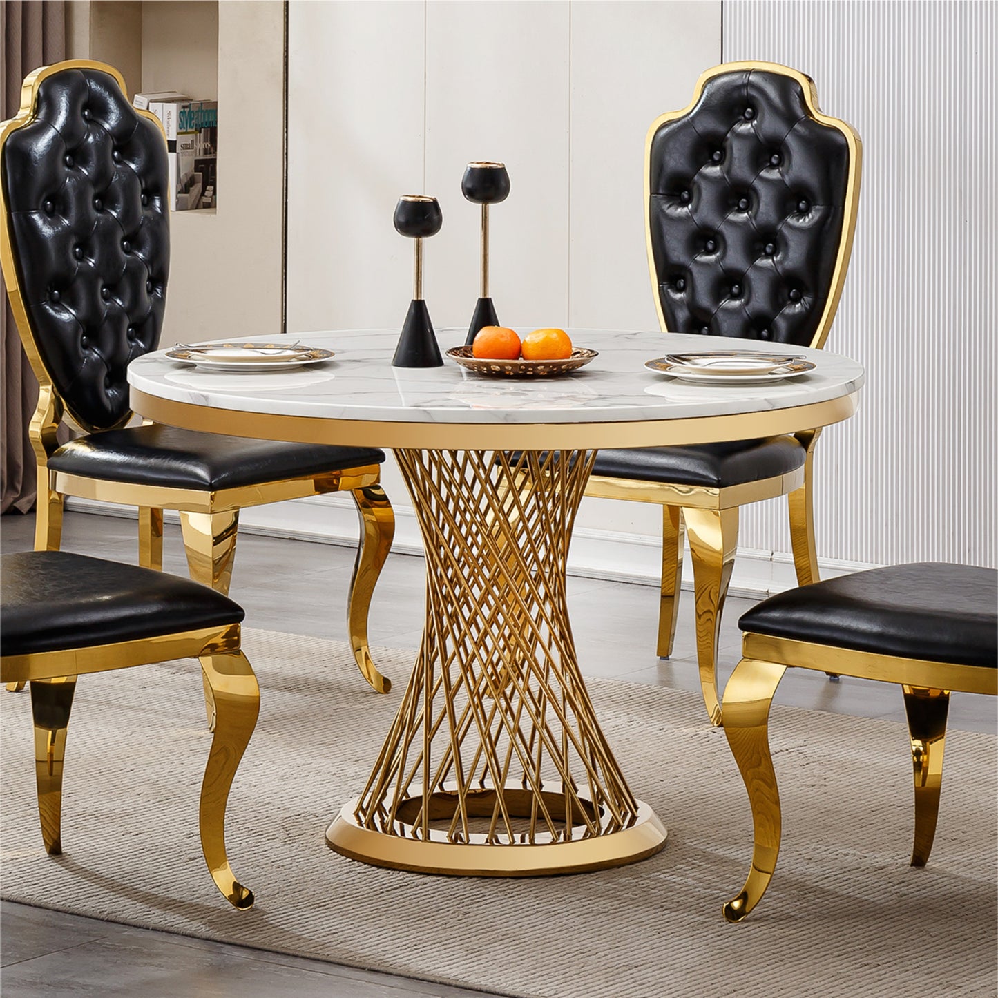 47" Round Marble Dining Table, Modern Kitchen Table with High Gloss Faux Marble Tabletop and Stainless Steel Base for Dining Room, Kitchen (Gold,White)(Only a table)