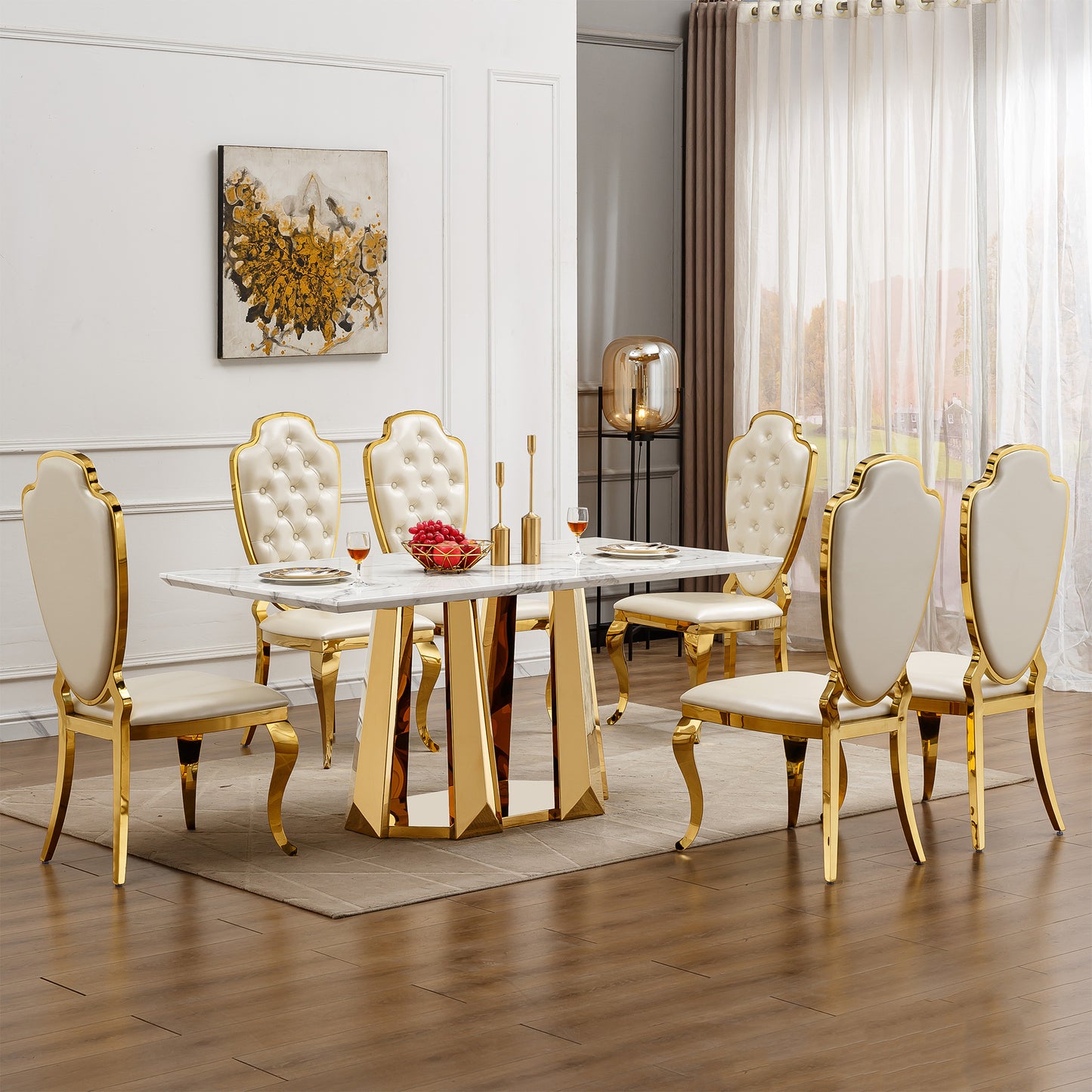 Modern 70" Gold Marble Dining Table with Stainless Steel Base