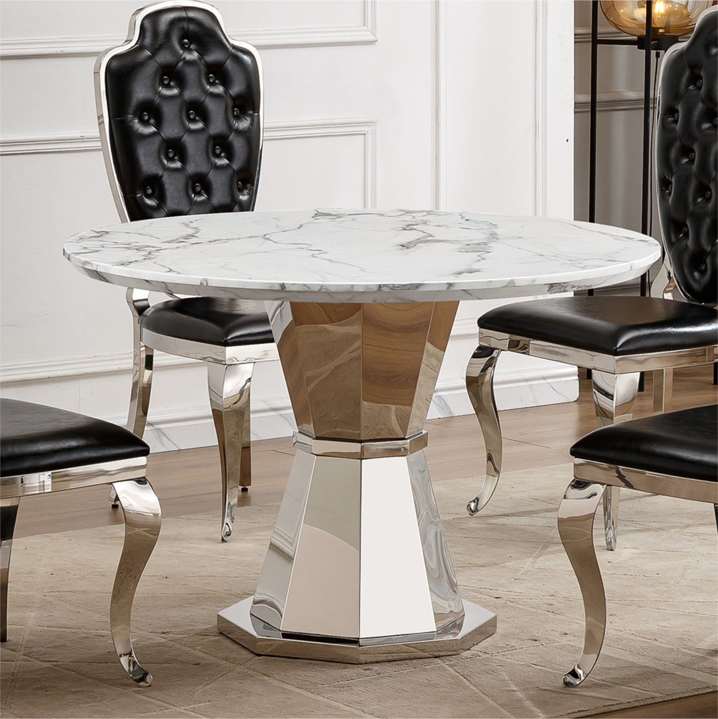 47" Round Marble Dining Table, Modern Kitchen Table with High Gloss Faux Marble Tabletop and Stainless Steel Base for Dining Room, Kitchen (Sliver,White)(only table)