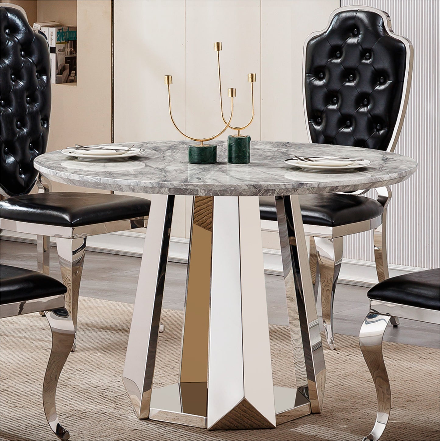 47" Round Marble Dining Table, Modern Kitchen Table with High Gloss Faux Marble Tabletop and Stainless Steel Base for Dining Room, Kitchen (Sliver,Gray)(only table)
