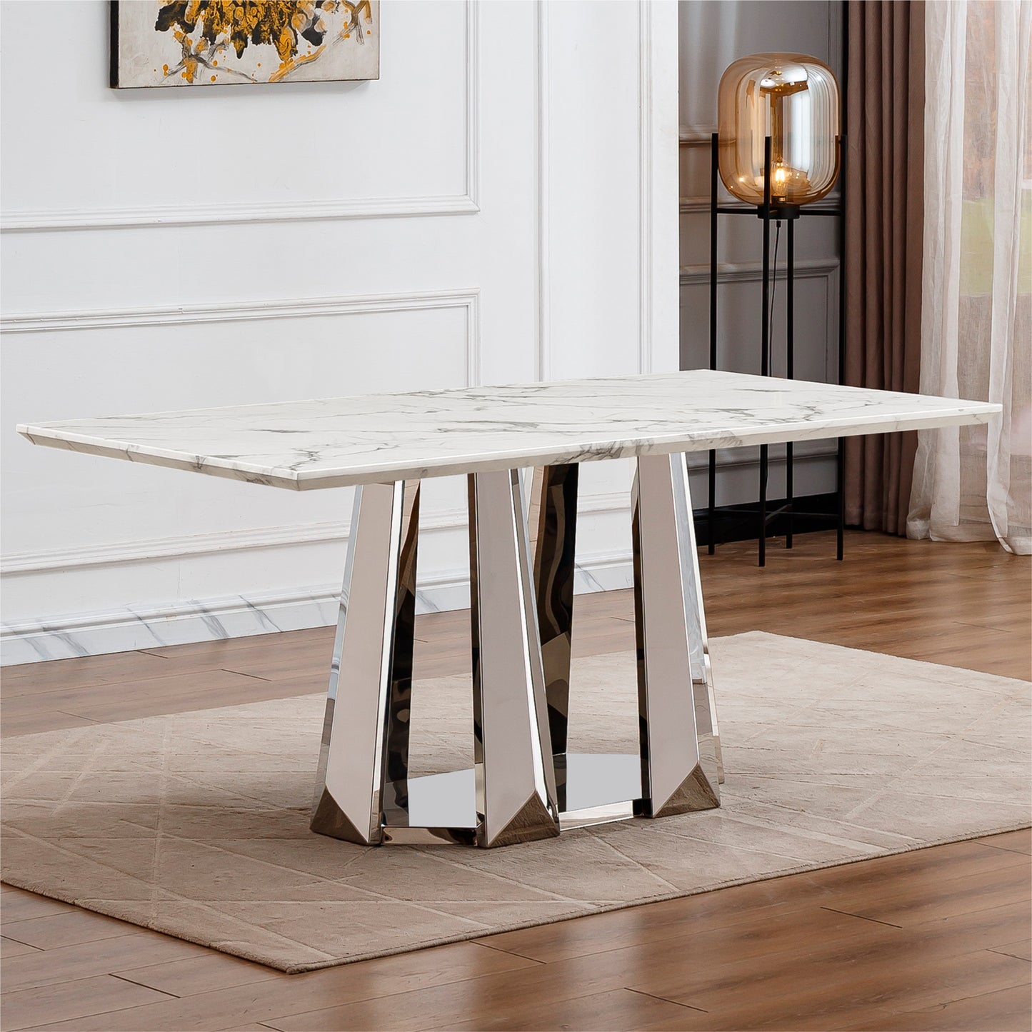 Marble Dining Table for 6 People, 70'' Rectangle Faux Marble Dining Table with Mirrored Finish Stainless Steel Base, Modern Large Size Marble Kitchen Table (Silver,White)(only table)