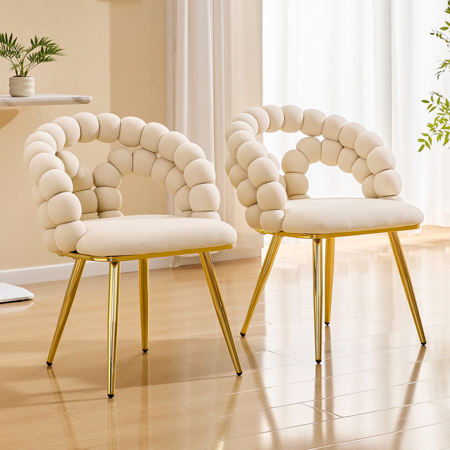 Modern Velvet Dining Chair with Bubble Back, Accent Chair with Gold Metal Legs, Upholstered Vanity Chair for Dining Room, Living Room, Bedroom, Beige (Set of 2)