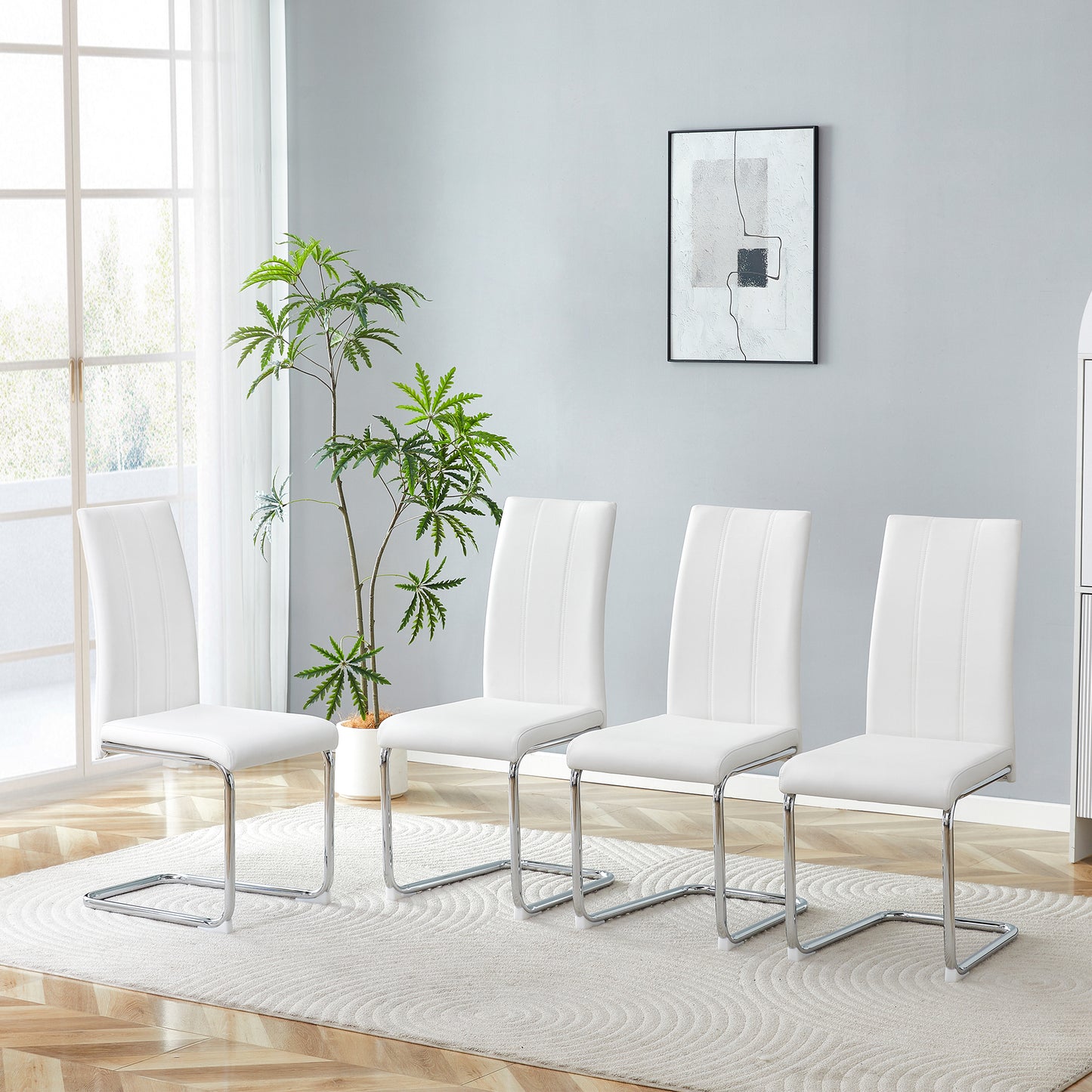 4-Pack White PU Upholstered Dining Chairs - Modern High-Back Side Chairs with Sturdy Chrome-Plated Iron Tube Legs for Dining Room, Kitchen & Living Room