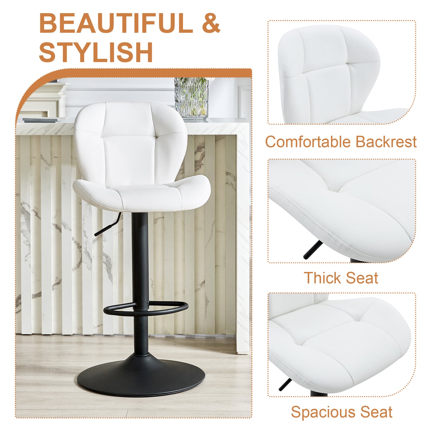 Set of 2 Height Adjustable Bar Stools, White PU Upholstered Chairs with Black Metal