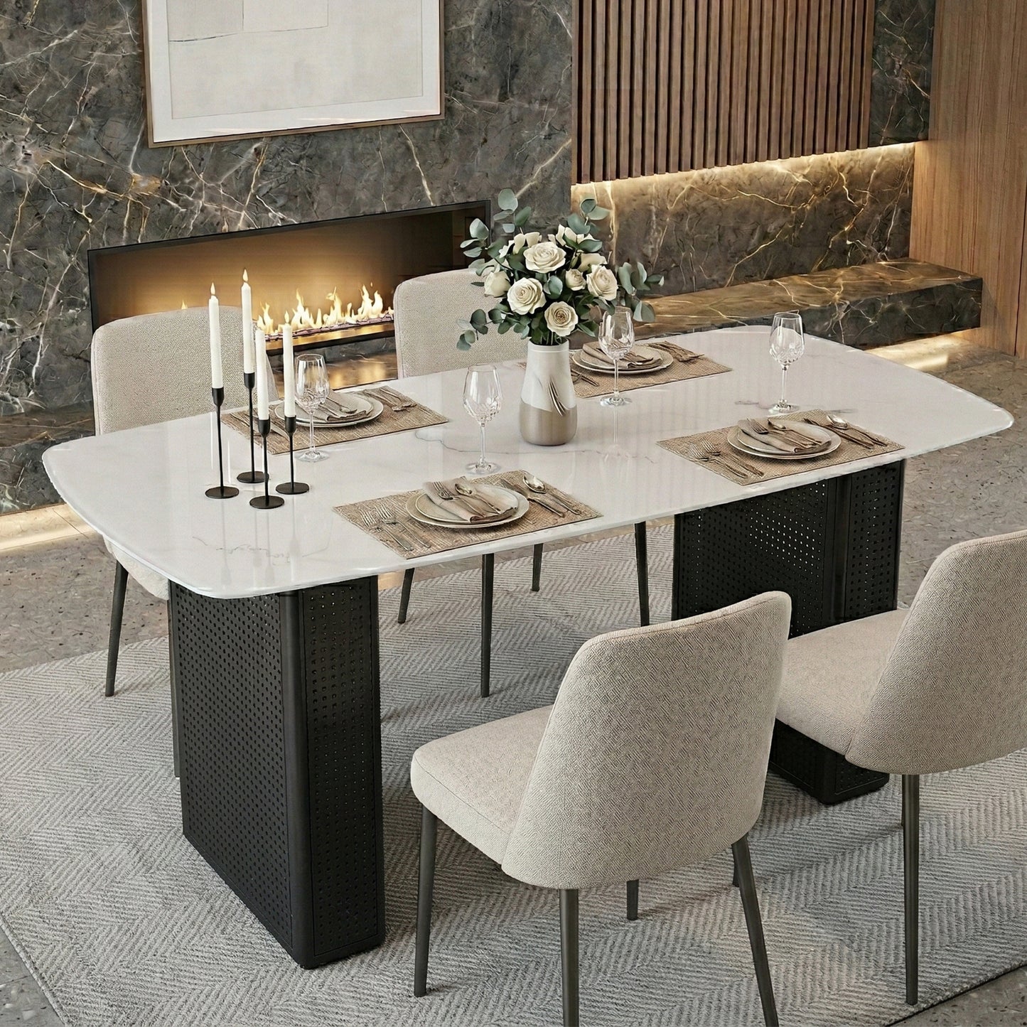 Modern Rectangular Tempered Glass Dining Table, Marble-Patterned Design with Black Dual-Pedestal Metal Base, Ideal for Dining Room & Home Office