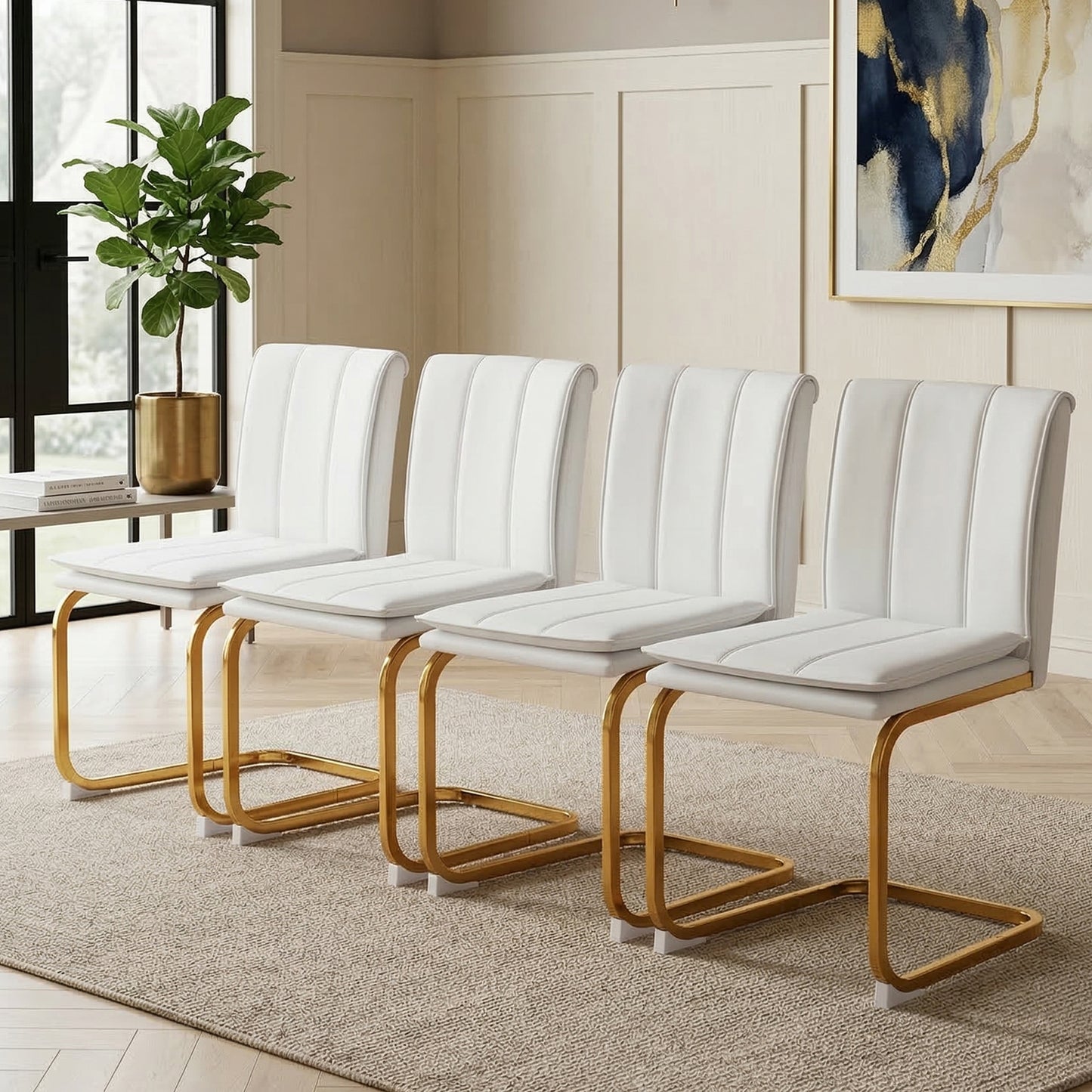 Modern dining chairs set of 4, PU leather white kitchen chairs, restaurant chairs, suitable for kitchens, living rooms, bedrooms, and offices, and metal legs, Golden