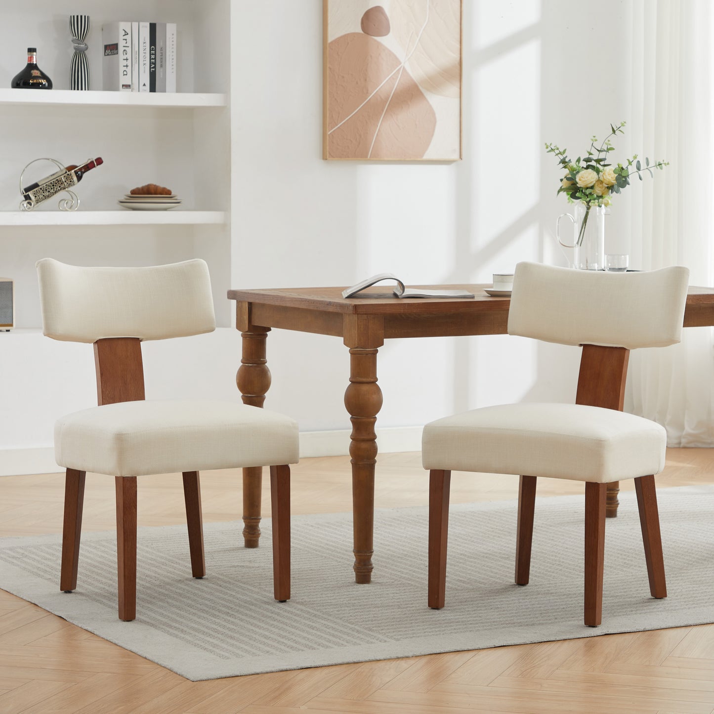 064-Set of 2 Linen Fabric Modern Armless Dining Chairs With Curved backrest and Solid Wooden Legs for Dining Room Living Room ,Beige