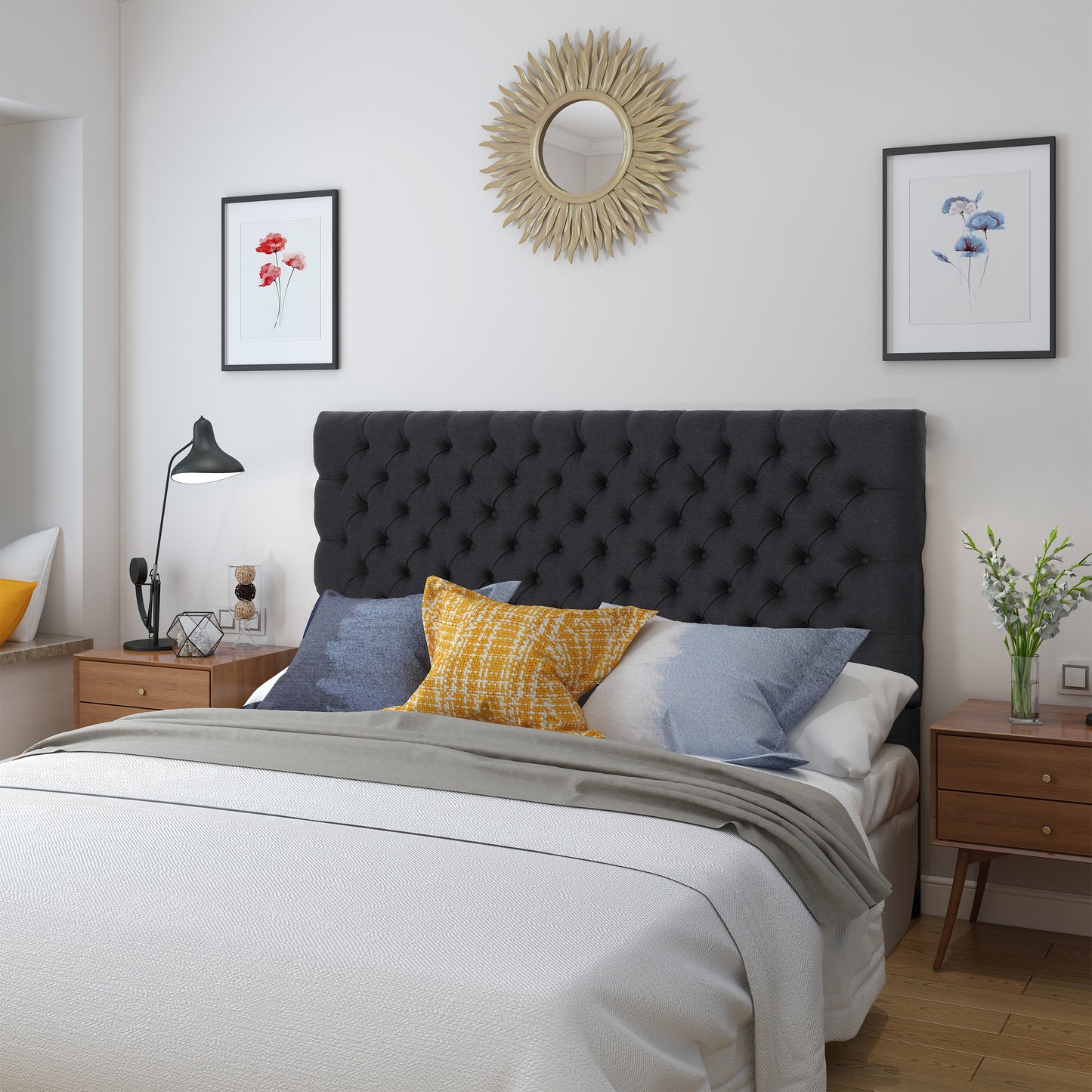 Tufted Upholstered Queen Size Bed Headboard in Modern Button Design, Adjustable Solid Wood Head Board, Solid Wood Head Board with Durable Metal Legs in Bedroom