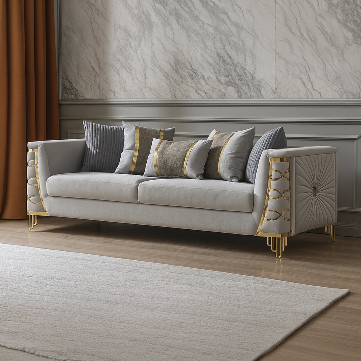 Contessa Modern Fabric Sofa with Gold Metal Arm Accents in Gray