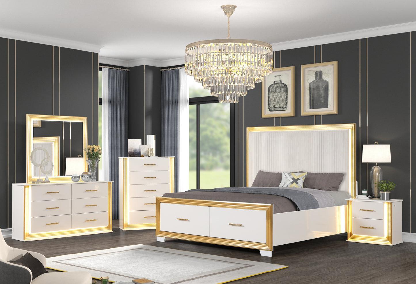 Contemporary Queen Tufted Bed - White Wood Frame for Bedroom