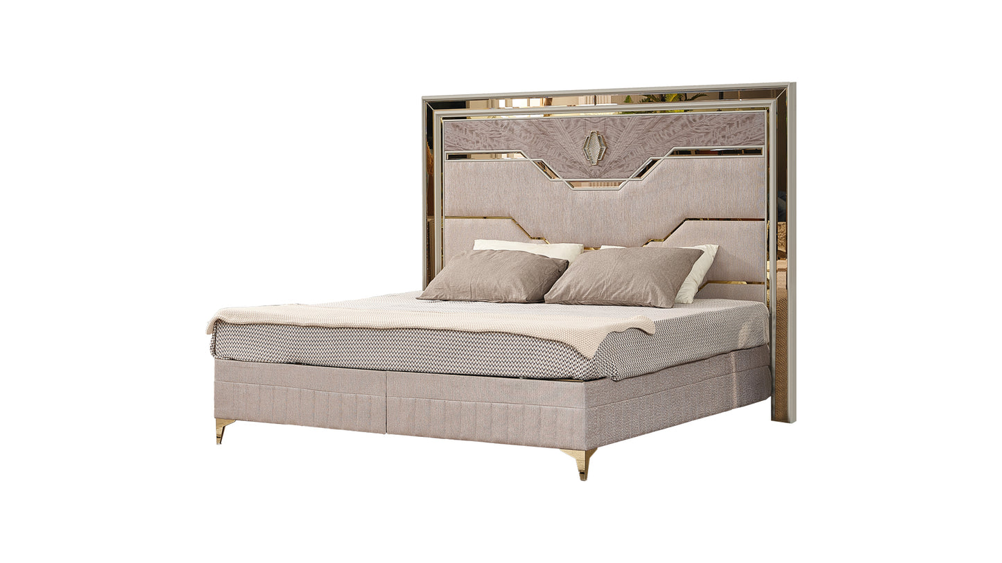 Omari Modern Style King Upholstered Bed Made with Wood and Gold Accents in Beige