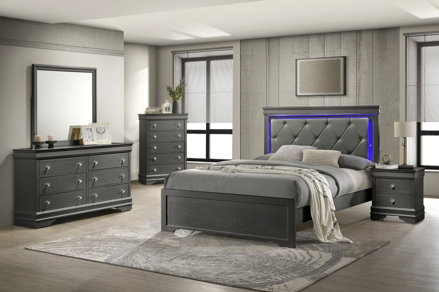 Modern Metallic Grey Twin Bed with LED Headboard