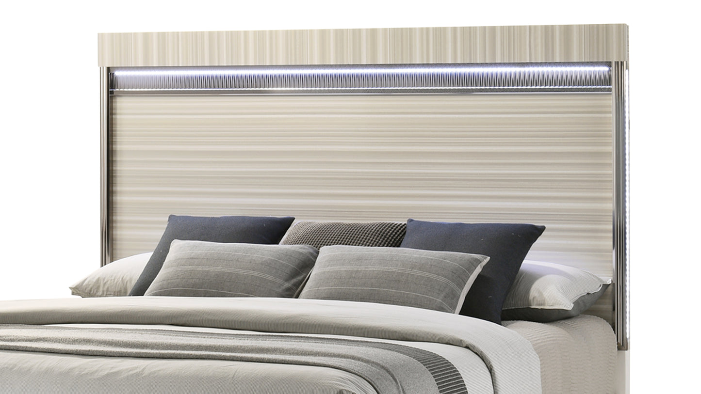 Modern Gray Wood Queen Slat Bed with LED Lighting and Panel Headboard for Bedroom