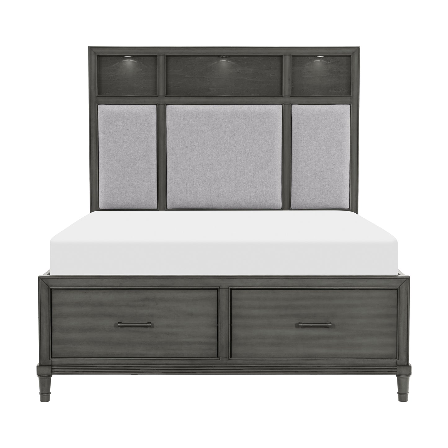 Gray Queen Platform Bed w Storage Drawers Upholstered Headboard USB Ports LED Lights Bedroom Furniture Transitional Style