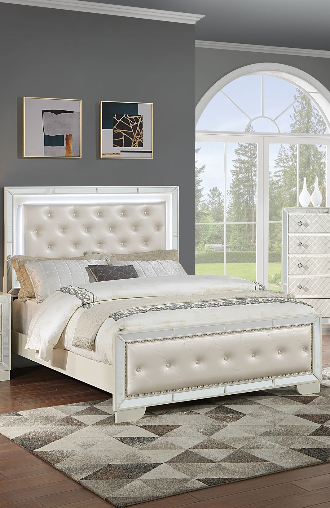Cream Ivory Tufted Faux Leather Queen Size Bed w LED Lights Beautiful 1pc Panel Bedframe Mirror Trim