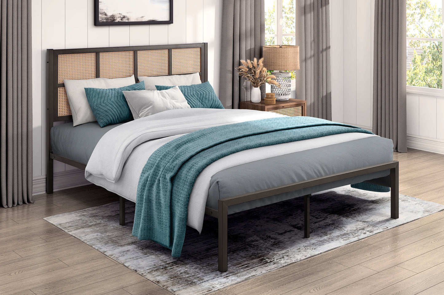 1pc Queen Platform Bed, Metal Frame Dark Bronze Finish Faux Cane Panel Headboard Casual Coastal Bedroom Furniture, Bed in a Box
